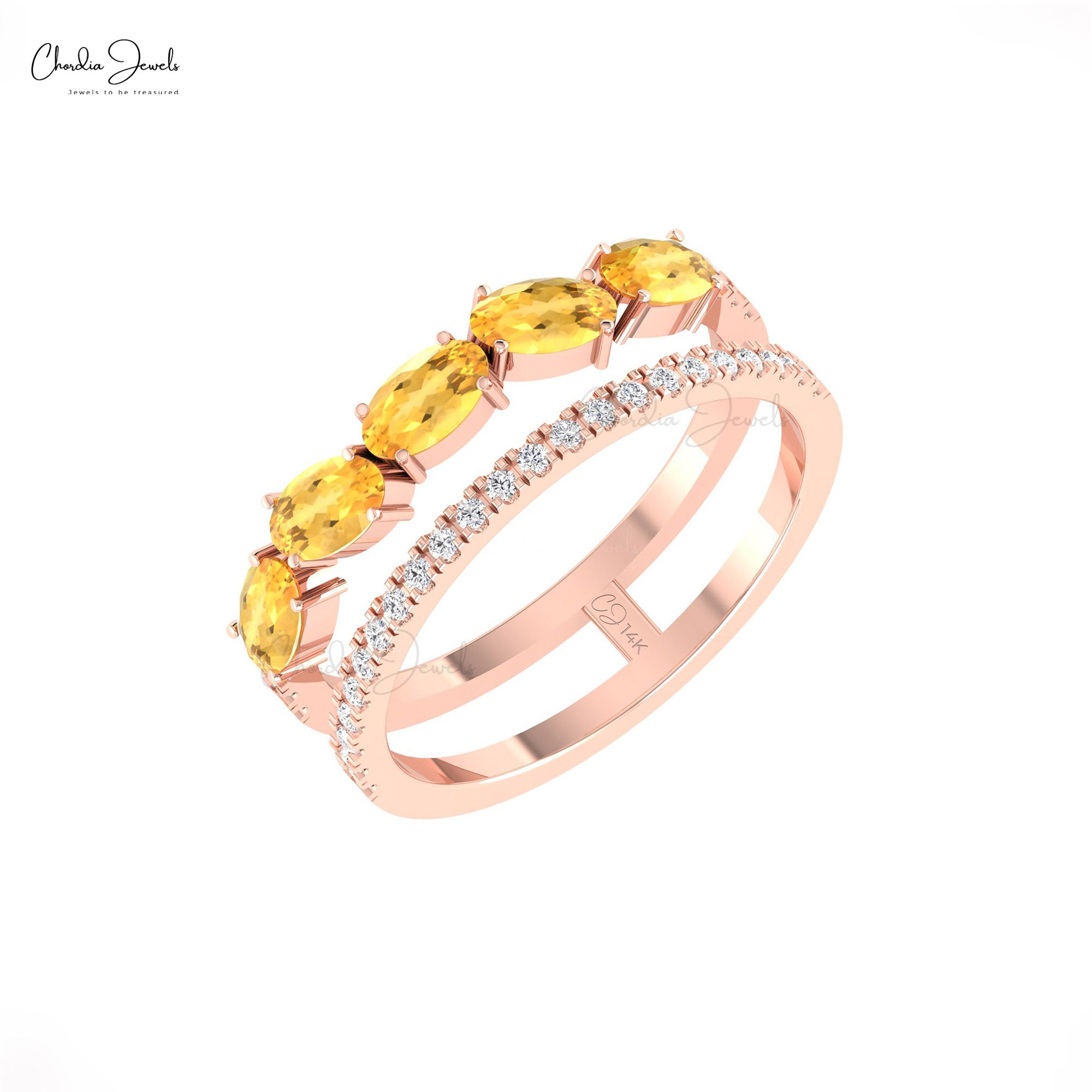 Real 14k Gold Dual Shank Band With 1.1 Ct Citrine Gemstone And Diamond Stack Rings