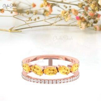 Real 14k Gold Dual Shank Band With 1.1 Ct Citrine Gemstone And Diamond Stack Rings