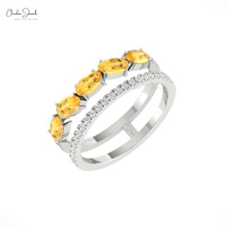 Real 14k Gold Dual Shank Band With 1.1 Ct Citrine Gemstone And Diamond Stack Rings