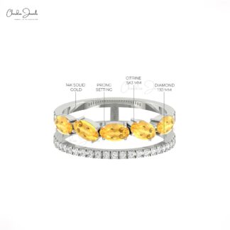 Real 14k Gold Dual Shank Band With 1.1 Ct Citrine Gemstone And Diamond Stack Rings