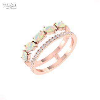 Gemstone Dual Band In Real 14k Gold Fire Opal 1.1 Ct Oval And G-H Diamond Handmade Ring