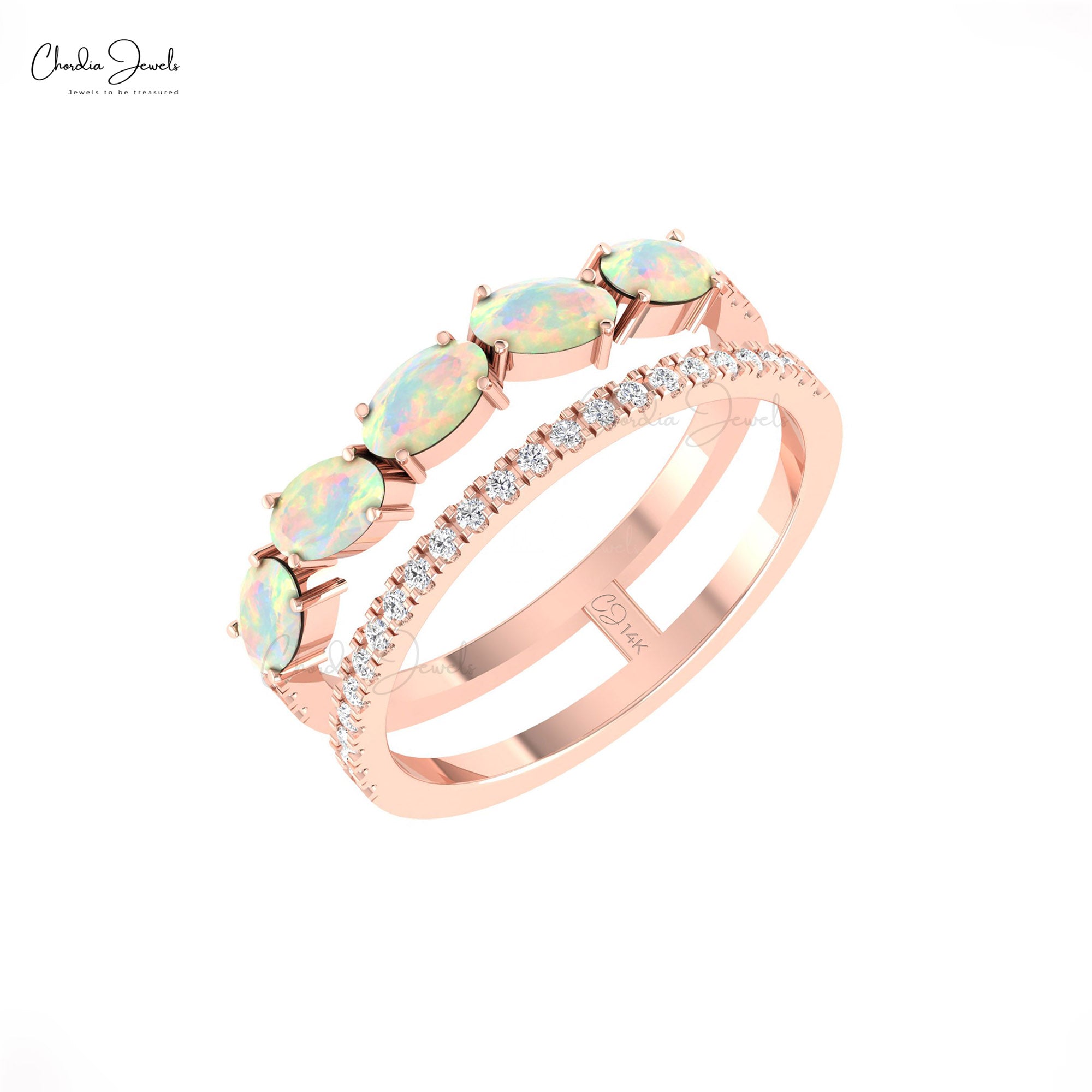 Gemstone Dual Band In Real 14k Gold Fire Opal 1.1 Ct Oval And G-H Diamond Handmade Ring