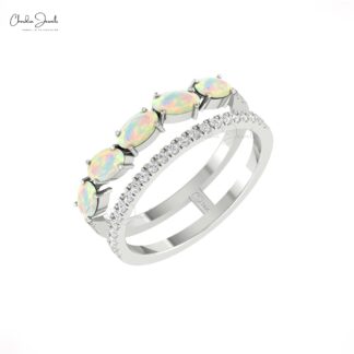 Gemstone Dual Band In Real 14k Gold Fire Opal 1.1 Ct Oval And G-H Diamond Handmade Ring