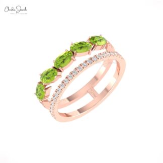 Natural Peridot Twin Shank Band With 5x3mm Oval Cut And Diamond 14k Solid Gold Rings