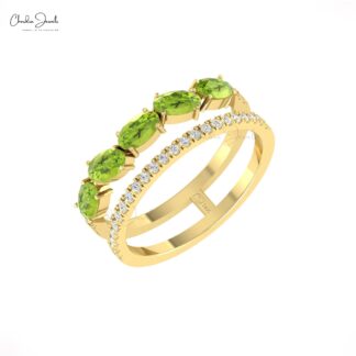 Natural Peridot Twin Shank Band With 5x3mm Oval Cut And Diamond 14k Solid Gold Rings