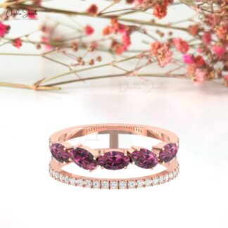 Solid 14k Gold Split Shank Band With 1.1 Ct Rhodolite Garnet & Diamond Engagement Ring