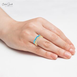 Delicate Dual Shank Stack Ring In 14k Real Gold Swiss Blue Topaz Diamond Hallmark Bands