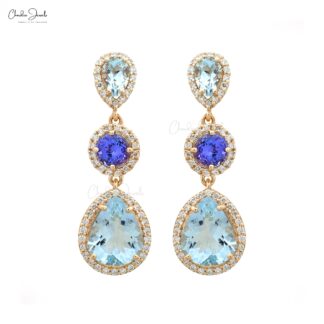 Dangle Halo Earring With 5mm Tanzanite And Aquamarine Diamond Earrings In 14k Yellow Gold