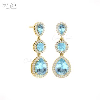 Natural Aquamarine Halo Earrings In 14k Pure Gold Diamond Dangle Push Back Earrings