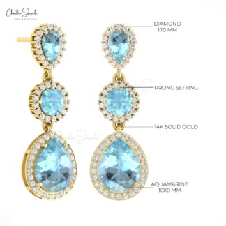 Natural Aquamarine Halo Earrings In 14k Pure Gold Diamond Dangle Push Back Earrings