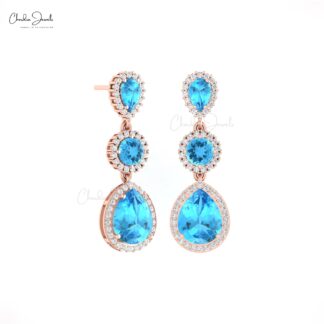 Diamond Multi Halo Earring With 6 Ct Swiss Blue Topaz 14k Real Gold Dangle Women Earrings