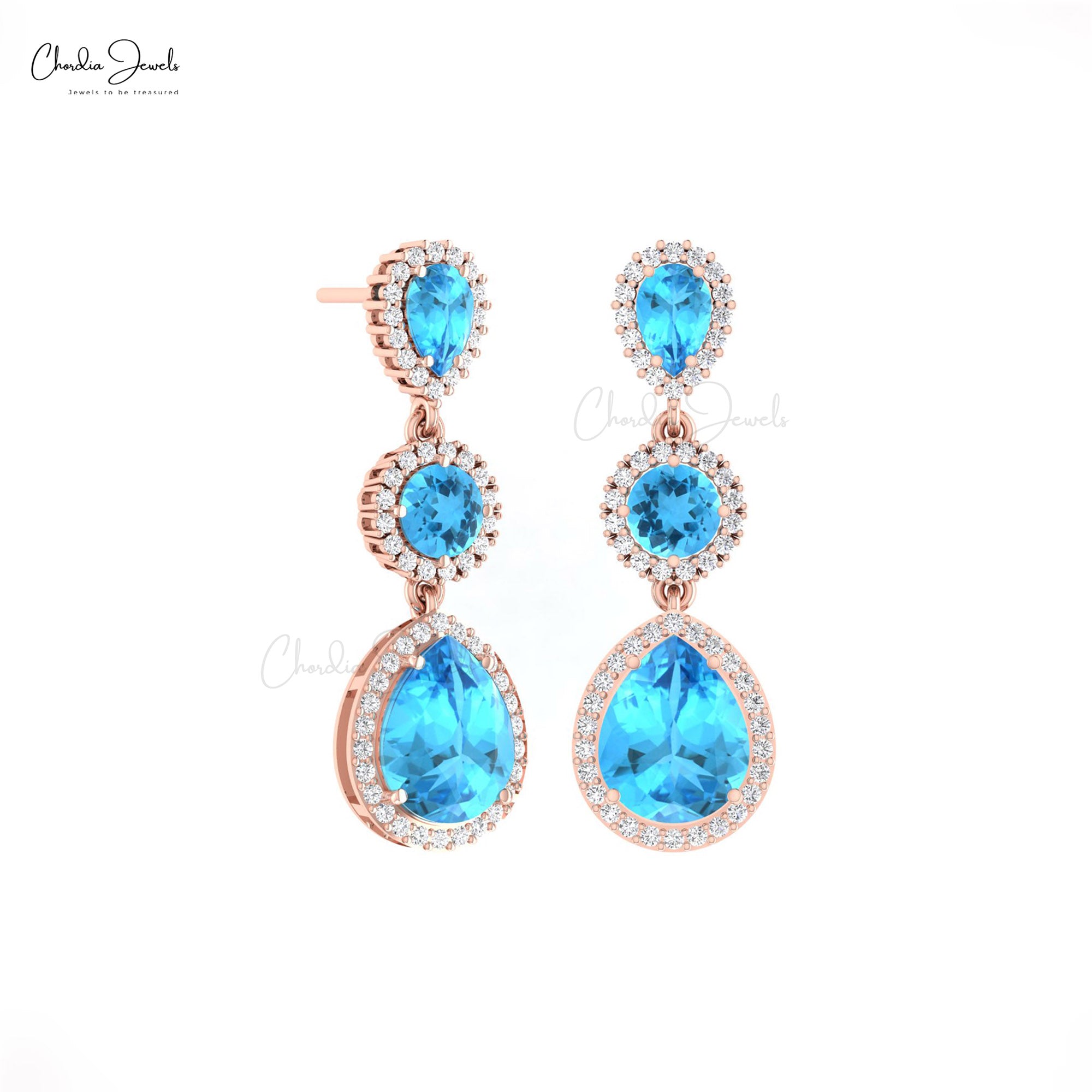 Diamond Multi Halo Earring With 6 Ct Swiss Blue Topaz 14k Real Gold Dangle Women Earrings