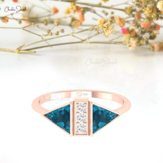 Diamond Accented Ring With 6mm London Blue Topaz 14k Solid Gold Bezel Set Ring For Mom