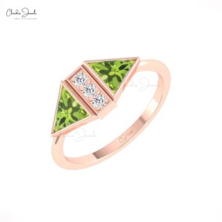 Gemstone Bezel Set Ring In Solid 4k Gold Peridot 0.5 Ct Trillion And Diamond Bridal Rings