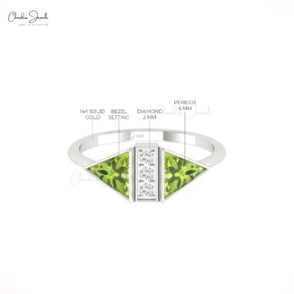 Gemstone Bezel Set Ring In Solid 4k Gold Peridot 0.5 Ct Trillion And Diamond Bridal Rings