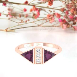 Bezel Set Trillion Cut Ring With 6mm Rhodolite Garnet And Diamond 14k Pure Gold Rings