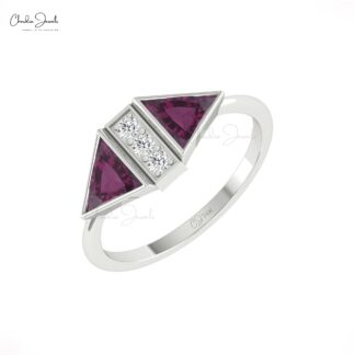 Bezel Set Trillion Cut Ring With 6mm Rhodolite Garnet And Diamond 14k Pure Gold Rings