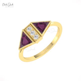 Bezel Set Trillion Cut Ring With 6mm Rhodolite Garnet And Diamond 14k Pure Gold Rings