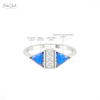 Diamond Accented Ring In 14k Real Gold Rainbow Moonstone 0.5 Ct Gemstone Proposal Ring