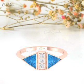 Triangle Bezel Set Ring With 0.5 Ct Swiss Blue Topaz And Diamond 14k Solid Gold Rings