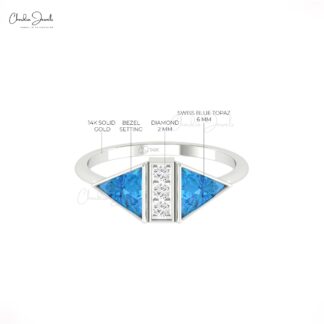Triangle Bezel Set Ring With 0.5 Ct Swiss Blue Topaz And Diamond 14k Solid Gold Rings