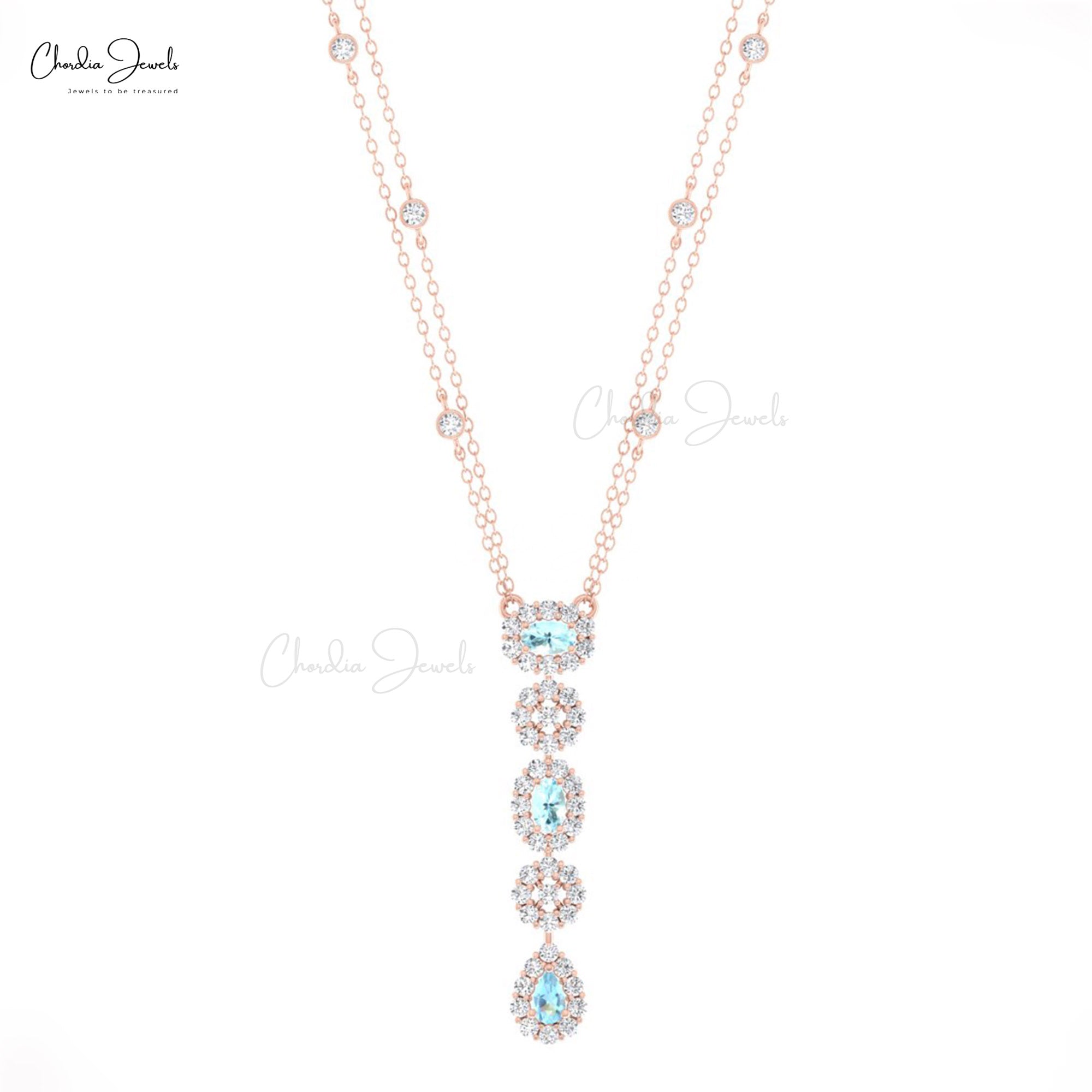 Natural Aquamarine Lariat Necklace With Halo Diamond 14k Solid Gold Dangle Chain Necklaces