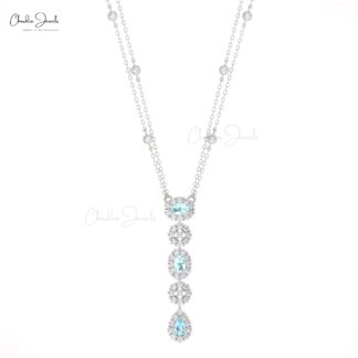 Natural Aquamarine Lariat Necklace With Halo Diamond 14k Solid Gold Dangle Chain Necklaces