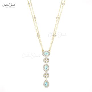 Natural Aquamarine Lariat Necklace With Halo Diamond 14k Solid Gold Dangle Chain Necklaces