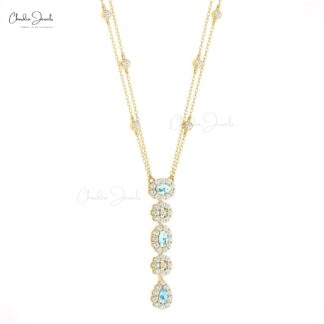 Natural Aquamarine Lariat Necklace With Halo Diamond 14k Solid Gold Dangle Chain Necklaces