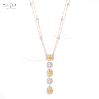 Real 14k Gold Dangle Chain Necklace With 0.63 Ct Citrine Halo Diamond Y Necklaces For Mom