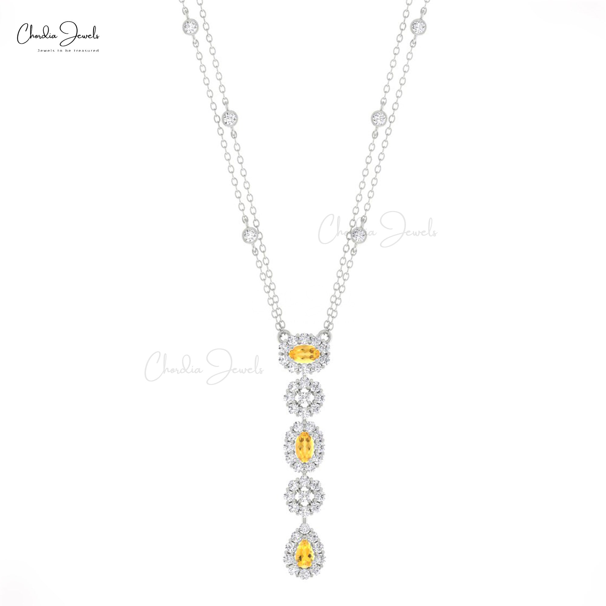 Real 14k Gold Dangle Chain Necklace With 0.63 Ct Citrine Halo Diamond Y Necklaces For Mom