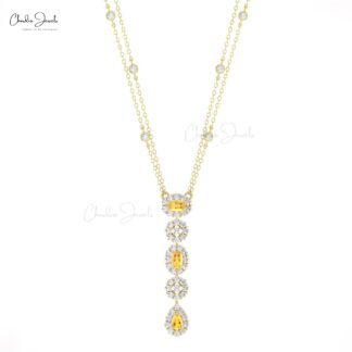 Real 14k Gold Dangle Chain Necklace With 0.63 Ct Citrine Halo Diamond Y Necklaces For Mom