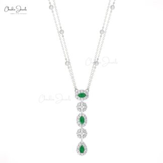 Y Drop Lariat Chain Necklace In Solid 14k Gold Emerald Halo Diamond Daughter Necklaces