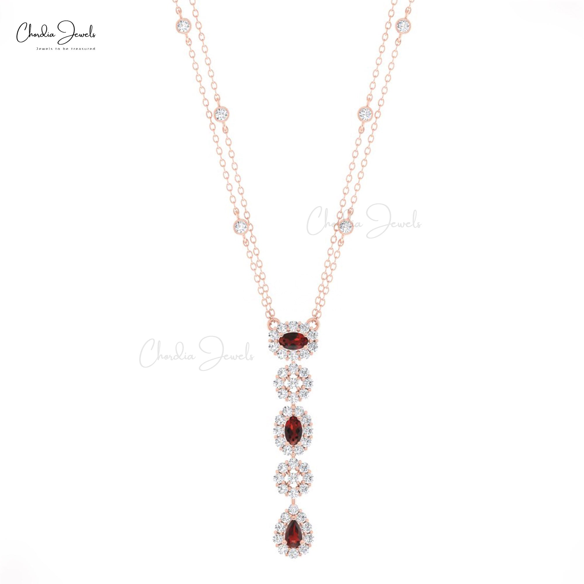 Genuine Red Garnet Y Drop Necklace In 14k Real Gold Diamond Halo Lariat Chain Necklaces