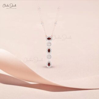 Genuine Red Garnet Y Drop Necklace In 14k Real Gold Diamond Halo Lariat Chain Necklaces