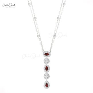 Genuine Red Garnet Y Drop Necklace In 14k Real Gold Diamond Halo Lariat Chain Necklaces