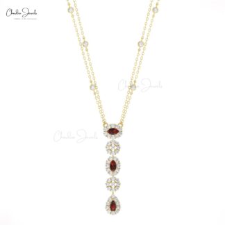 Genuine Red Garnet Y Drop Necklace In 14k Real Gold Diamond Halo Lariat Chain Necklaces