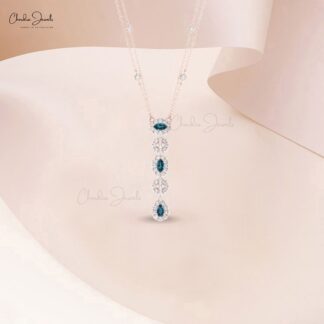 AAA London Blue Topaz Y Drop Necklace In Pure 14k Gold Halo Diamond Chain Jewelry For Her
