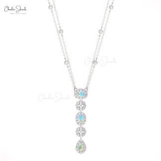 Triple Fire Opal Y Necklace With Halo Diamond Pave In 14k Pure Gold Hallmark Necklace