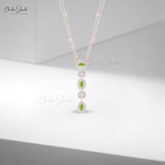 Lariat Y Drop Wedding Necklace In Solid 14k Gold Peridot G-H Diamond Dangle Necklaces