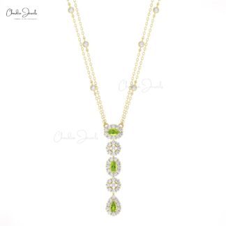 Lariat Y Drop Wedding Necklace In Solid 14k Gold Peridot G-H Diamond Dangle Necklaces