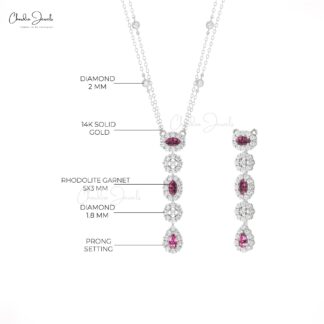 Halo Diamond Y Necklace With 0.63 Ct Rhodolite Garnet 14k Solid Gold Dangle Chain Necklace