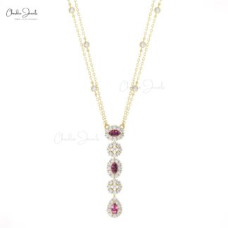 Halo Diamond Y Necklace With 0.63 Ct Rhodolite Garnet 14k Solid Gold Dangle Chain Necklace