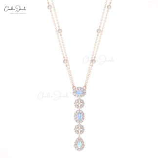 Cluster Diamond Chain Necklace In Real 14k Gold Rainbow Moonstone Dangle Y Necklaces