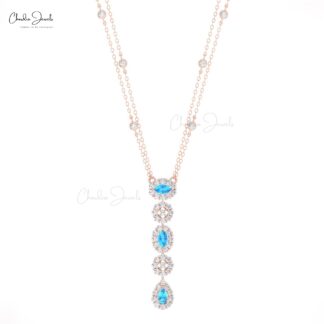 Gemstone Y Drop Necklace In 14k Solid Gold Swiss Blue Topaz Halo Diamond Chain Necklaces