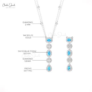 Gemstone Y Drop Necklace In 14k Solid Gold Swiss Blue Topaz Halo Diamond Chain Necklaces