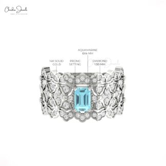 Octagon Statement Ring With 6x4mm Aquamarine And Diamond 14k Solid Gold Cluster Rings