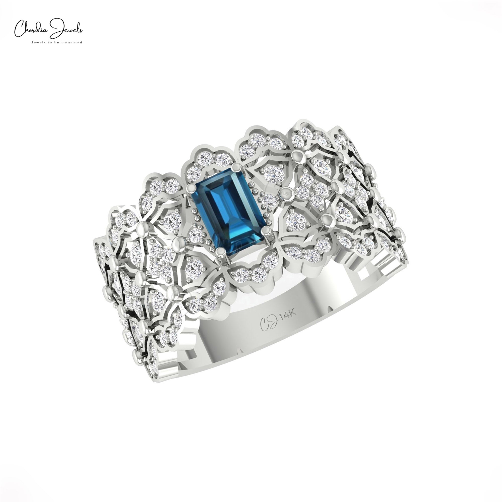 Solid 14k Gold Cocktail Ring With 0.6 Ct London Blue Topaz And Pave Diamond Cluster Ring