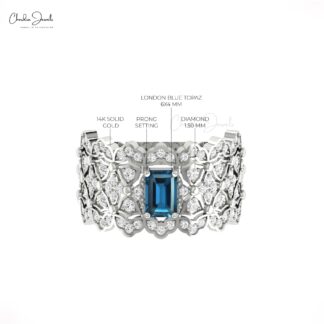 Solid 14k Gold Cocktail Ring With 0.6 Ct London Blue Topaz And Pave Diamond Cluster Ring