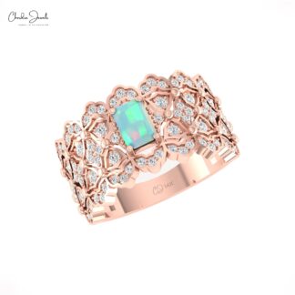 Delicate Cluster Diamond Ring With 6x4mm Fire Opal Prong Set In 14k Real Gold Bridal Rings